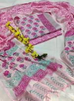 Linen Cotton Pink Casual Wear Bagru Print Dress Material